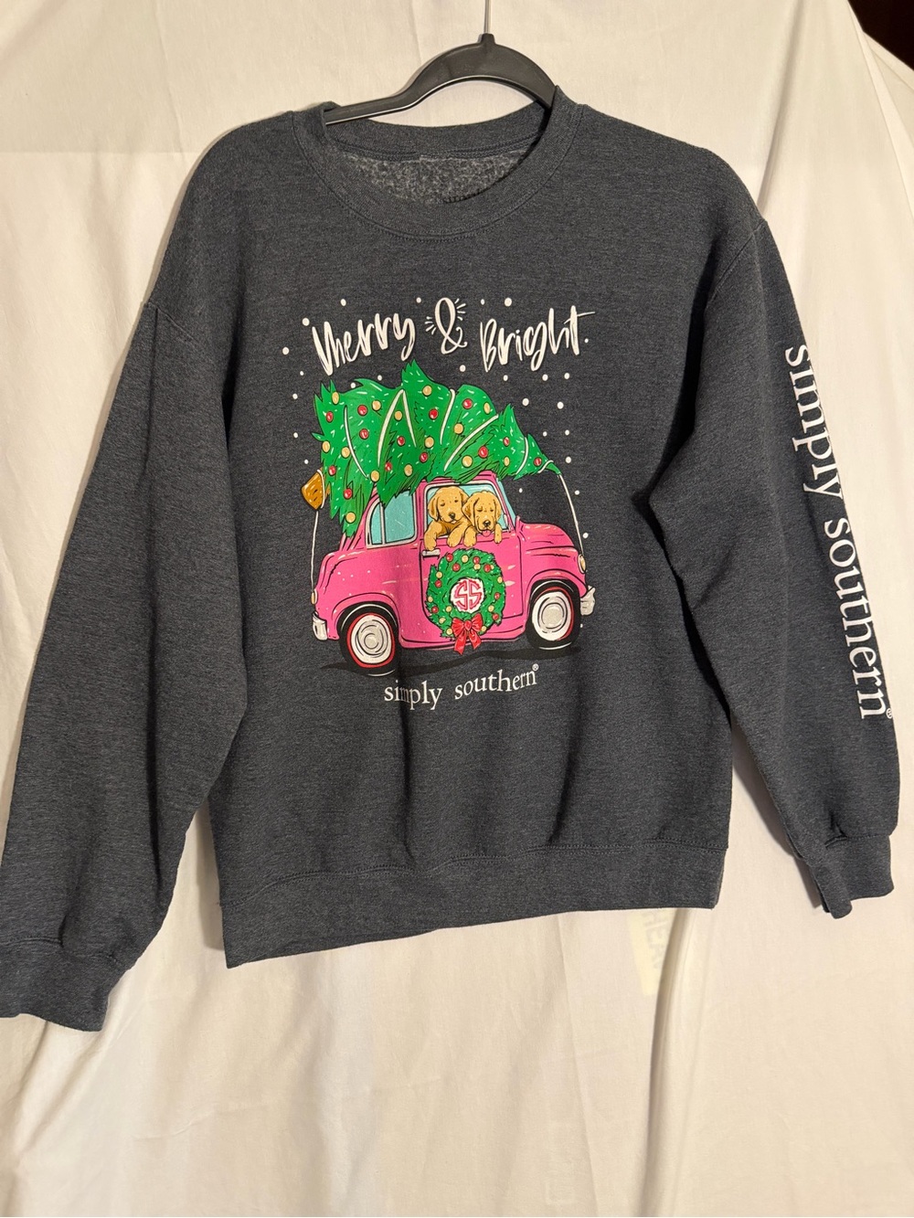 #410 Simply Southern Charcoal Sweatshirt with Pink Truck & Green Tree Graphic